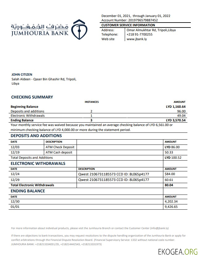 Déclaration de la banque libyenne Jumhouria
